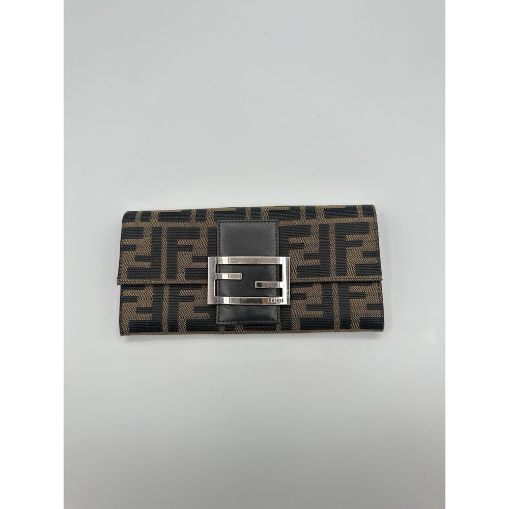 Fendi Zucca Print Wallet Brown Canvas Leather Trim FF Logo Buckle Silver Tone - Picture 1 of 9